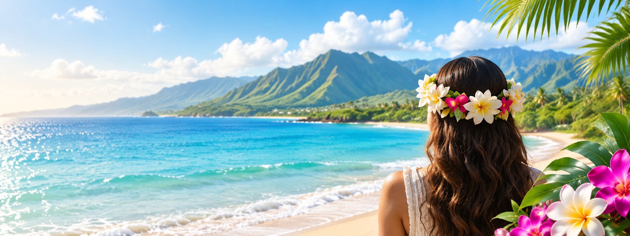 A Hawaii visitor wearing a flower crown while looking toward a tropical coastline.