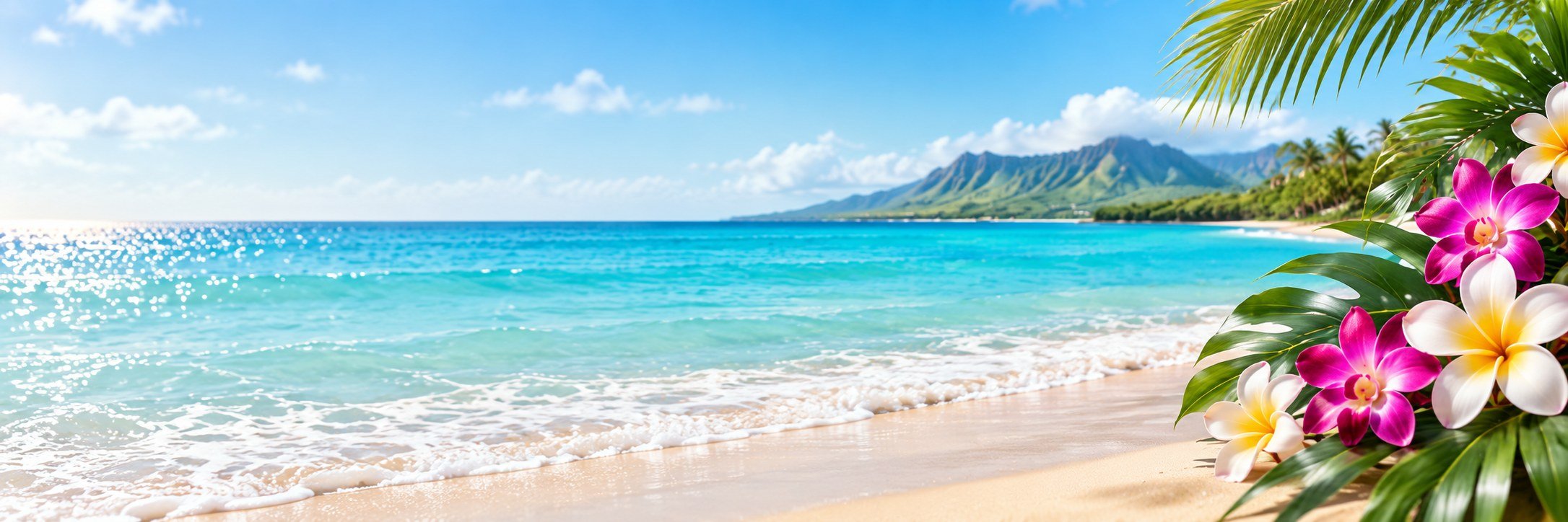 A calm Hawaiian beach with tropical flowers and palms.